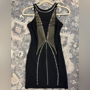 BEBE Black Mini Dress Sleeveless with Gold and Silver Accents